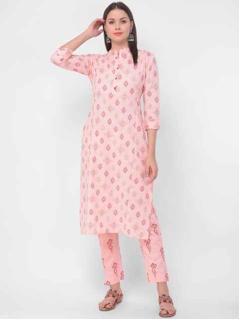 aayusika Women Pink & Gold-Toned Printed Kurta with Trousers