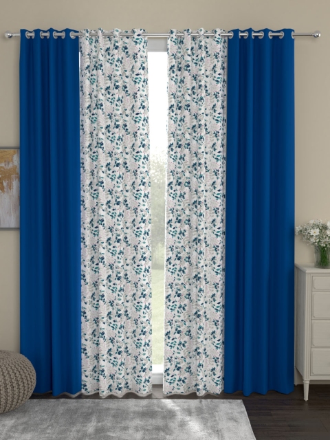 ROSARA HOME Blue & White Printed Set of 4 Black Out Door Curtains