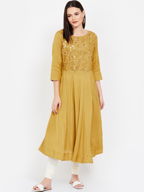Melange by Lifestyle Women Mustard Yellow Embroidered A-Line Kurta