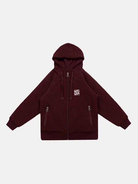 Lil Tomatoes Boys Maroon Solid Hooded Fleece Sweatshirt