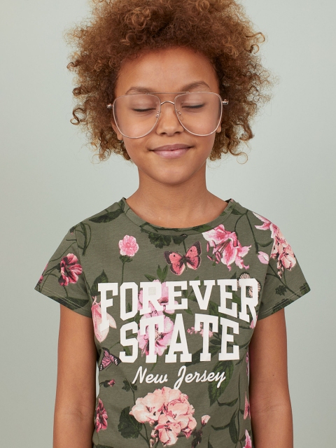H&M Girls Green Printed Jersey Top