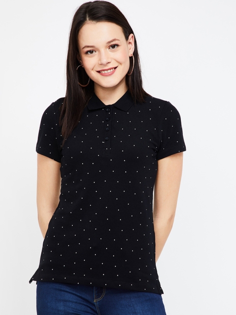 Bossini Women Black Printed Polo Collar T-shirt
