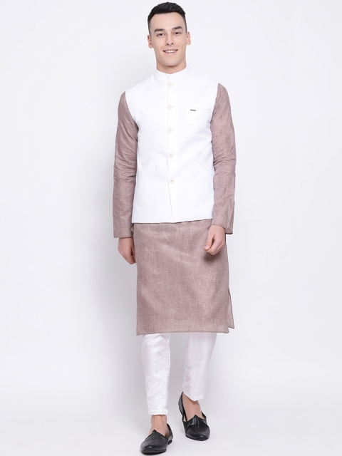 DEVOILER Men White & Taupe Solid Kurta with Pyjamas & Nehru Jacket