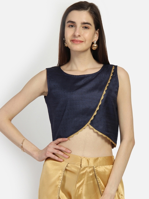 studio rasa Women Bhagalpuri Overflap Embellished Crop Top, Navy blue