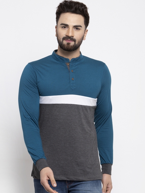 Kalt Men Teal Blue & Grey Colourblocked Mandarin Collar T-shirt