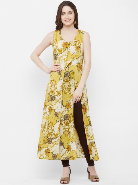 MISH Women Yellow & Brown Floral Printed A-Line Kurta