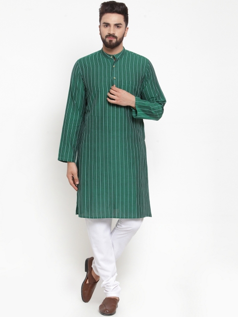 NEUDIS Men Green & White Striped Kurta with Churidar