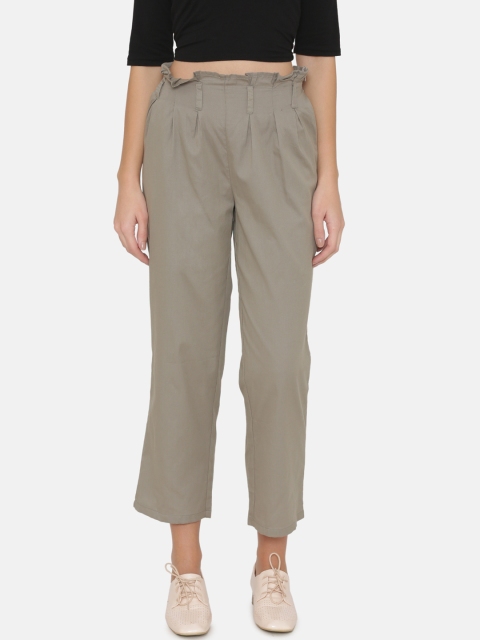 Yaadleen Women Olive Green Smart Straight Fit Solid Peg Trousers