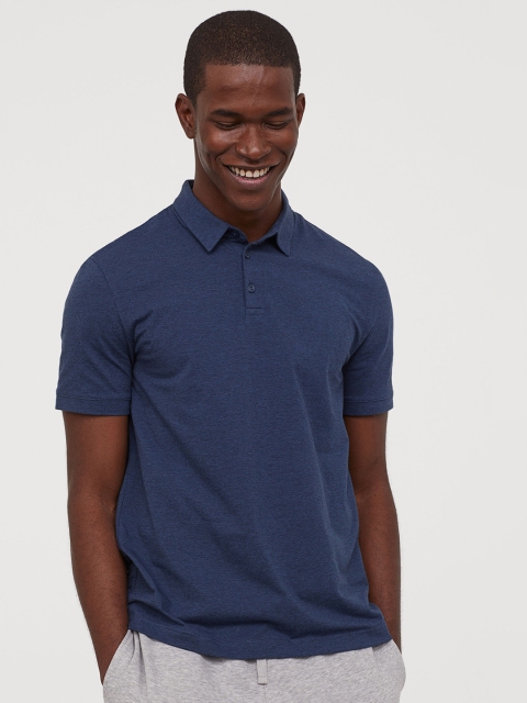 H&M Men Navy Blue Solid Polo Shirt Slim Fit