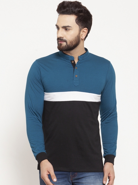 Kalt Men Black Colourblocked Mandarin Collar T-shirt