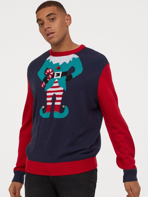 H&M Men Blue Jacquard-Knit Jumper