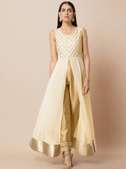 INDYA Beige Sequined Yoke High Slit Tunic