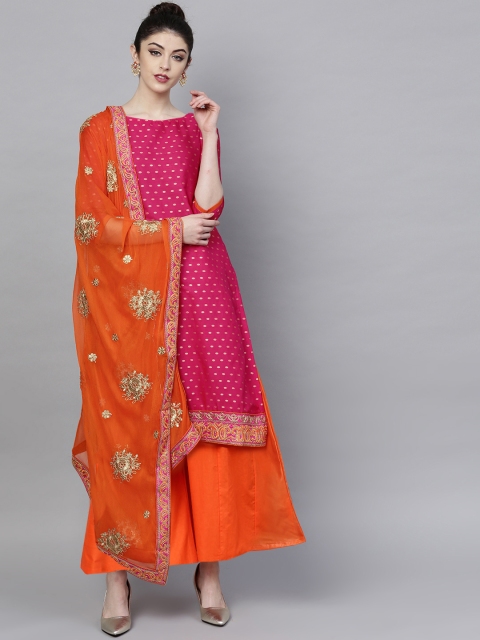 Ishin Women Pink & Orange Self Design Kurta with Palazzos & Dupatta