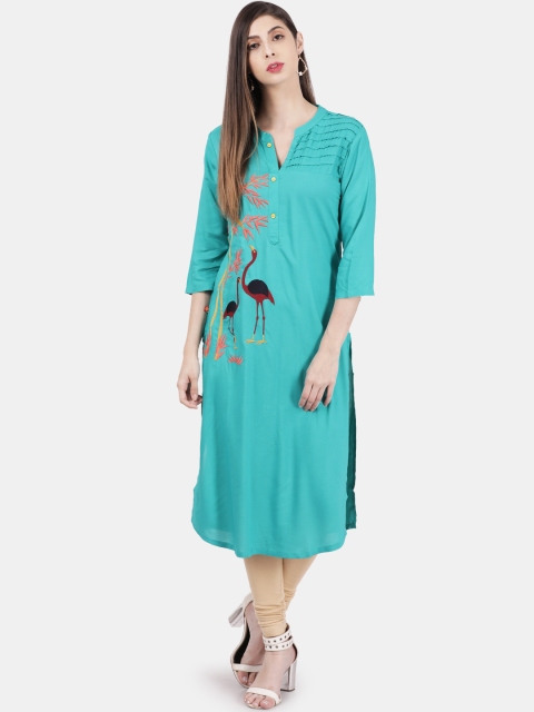 Alena Women Turquoise Blue Bird Embroidered Straight Kurta