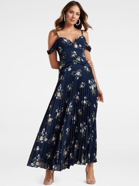 Forever New Women Blue Accordion Pleated Printed Maxi Dress