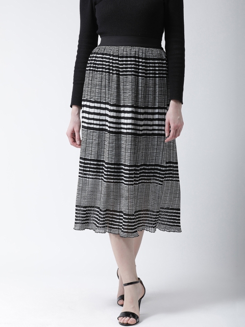 KASSUALLY Women Black & White Striped Pleated A-Line Midi Skirt