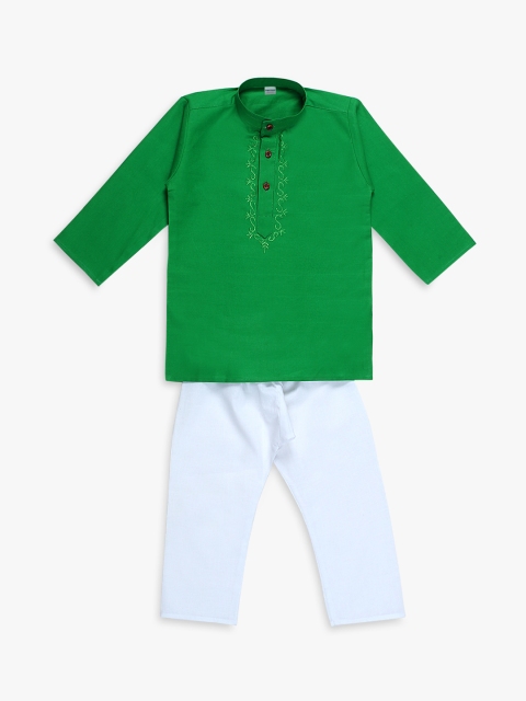Superminis Boys Green & White Solid Kurta with Pyjamas