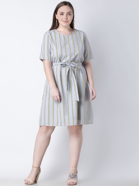 FabAlley Curve Plus Size Women Grey Striped Fit and Flare Dress