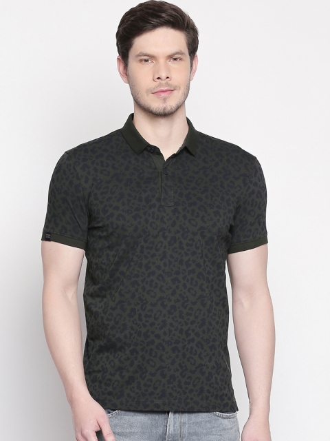 Mufti Men Green Navy Blue Printed Slim Fit Polo Collar Pure Cotton T-shirt