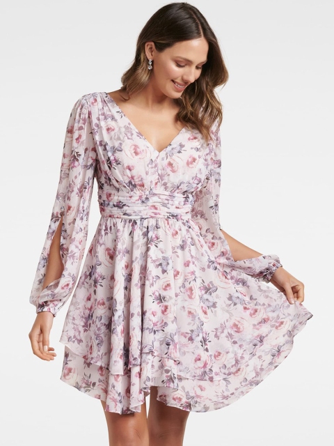 Forever New Women Pink & Blue Printed Fit and Flare Dress