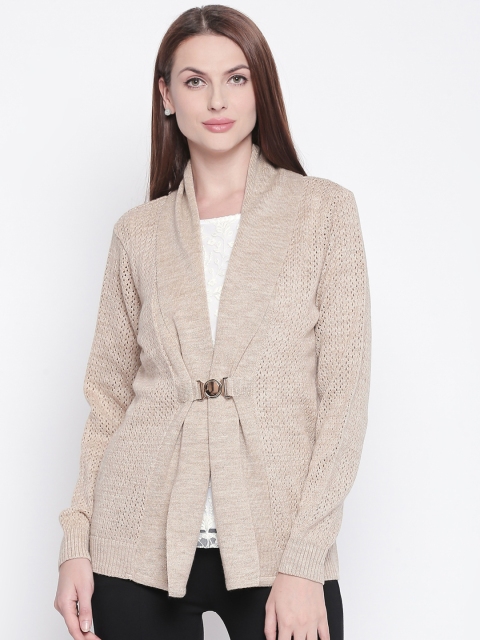 Annabelle by Pantaloons Women Beige Self Design Front-Open Sweater