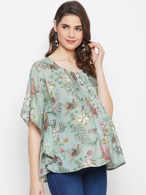 The Kaftan Company Women Green & Pink Floral Printed A-Line Top