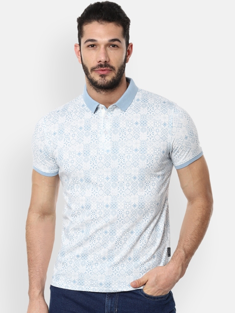 V Dot Men Blue Printed Polo Collar T-shirt