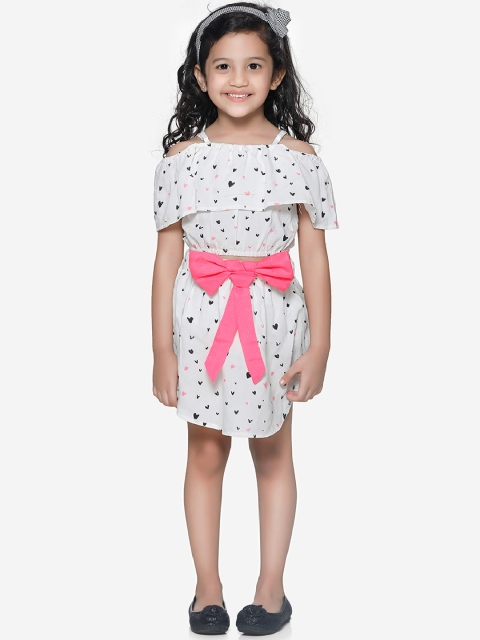 LilPicks Girls White & Black Printed Top with Skirt