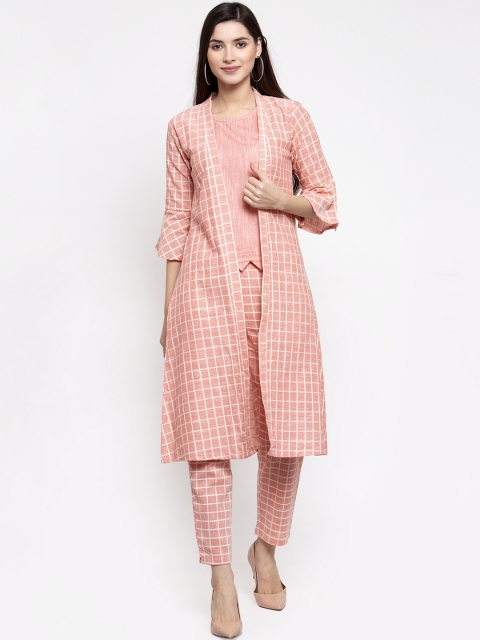Indibelle Women Peach-Coloured Checked Kurti with an Ethnic Shrug