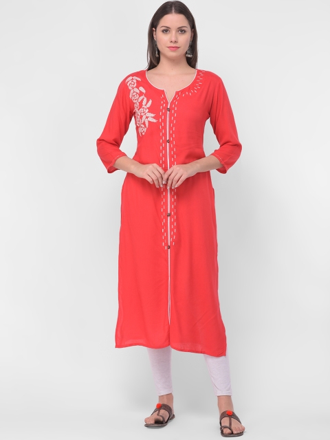 aayusika Women Red Embroidered Straight Kurta