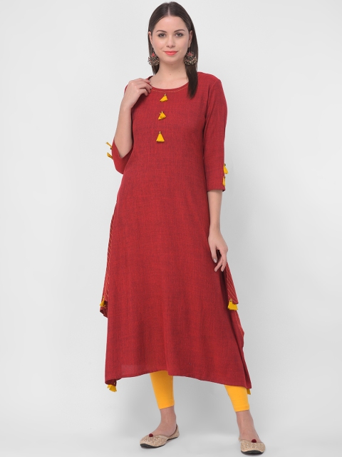 aayusika Women Maroon Solid Asymmetric Hemline A-Line Kurta