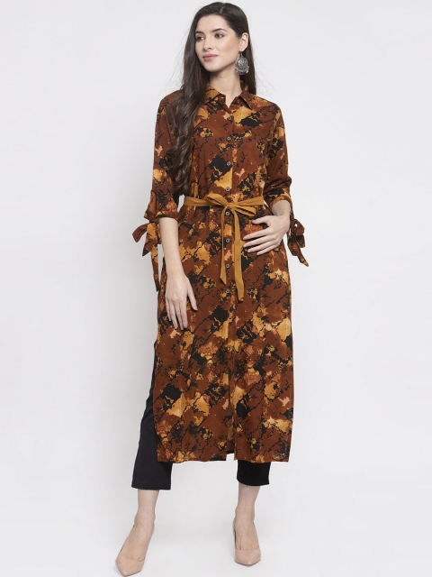 Indibelle Women Brown & Black Printed Straight Kurta