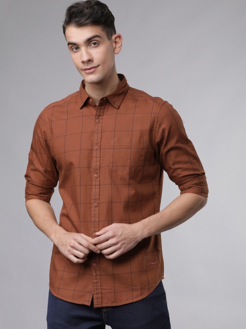 Ecko Unltd Men Brown & Blue Slim Fit Yarn Dyed Checked Casual Shirt