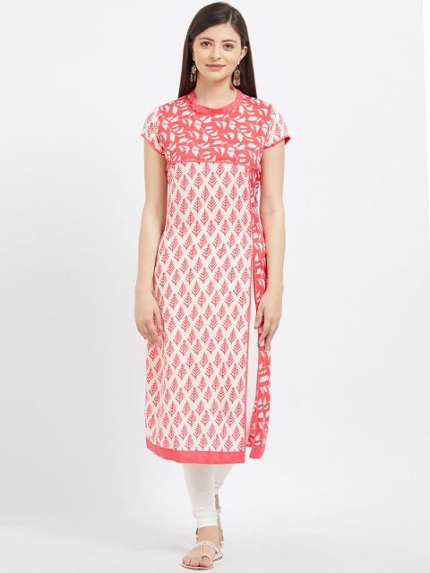 Fusion Beats Women Coral Pink & White Printed A-Line Kurta