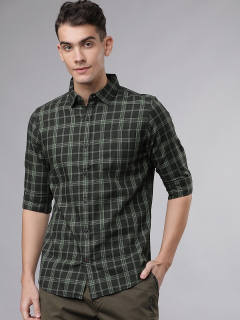 Ecko Unltd Men Olive Green & Black Slim Fit Yarn Dyed Checked Casual Shirt