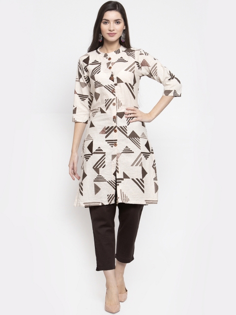 Indibelle Women Beige & Brown Block Printed Straight Kurta