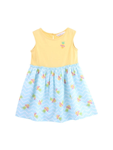 Beebay Girls Blue & Yellow Quirky Printed Fit and Flare Dress