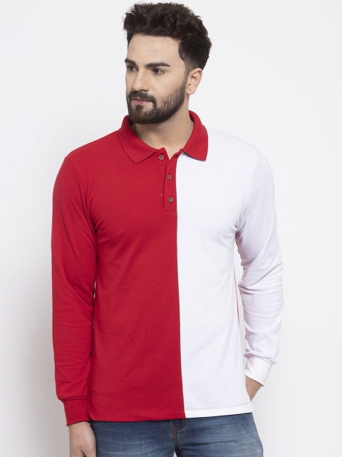 Kalt Men Red & White Colourblocked Polo Collar T-shirt