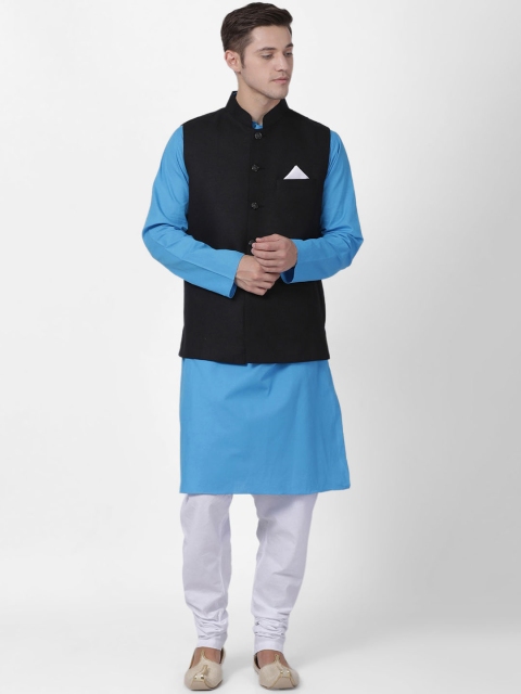 TABARD Men Blue & White Solid Kurta with Churidar & Nehru Jacket