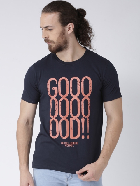 GRIFFEL Men Navy Blue Printed Round Neck T-shirt