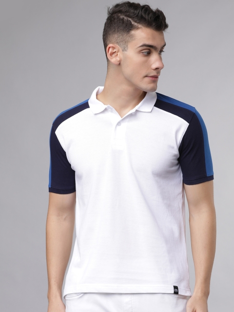 Ecko Unltd Men White & Navy Blue Colourblocked Polo Collar T-shirt