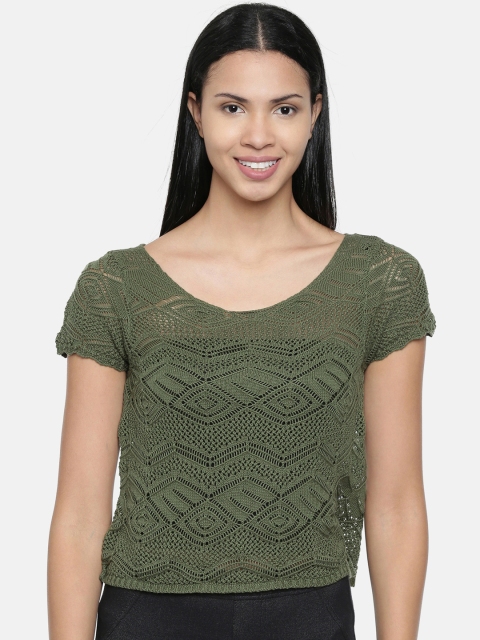 Chumbak Women Olive Green Self Design Pullover Sweater