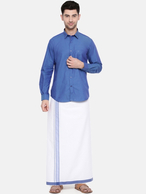 RAMRAJ COTTON Men Blue & White Solid Shirt with Dhoti