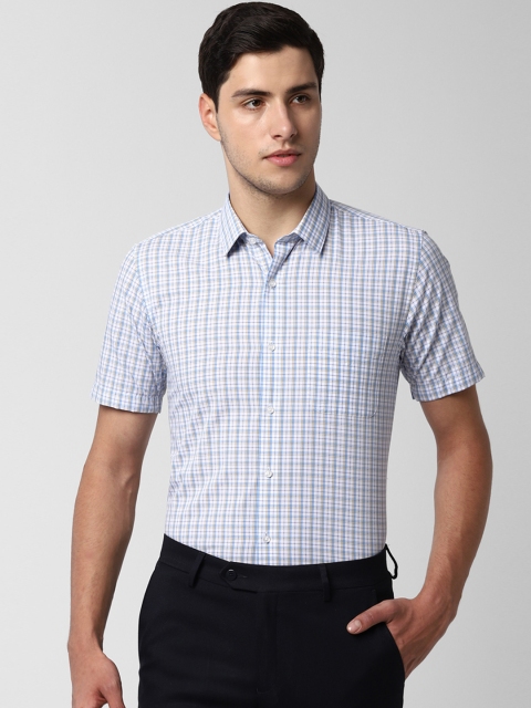 Peter England Men White & Blue Slim Fit Checked Formal Shirt