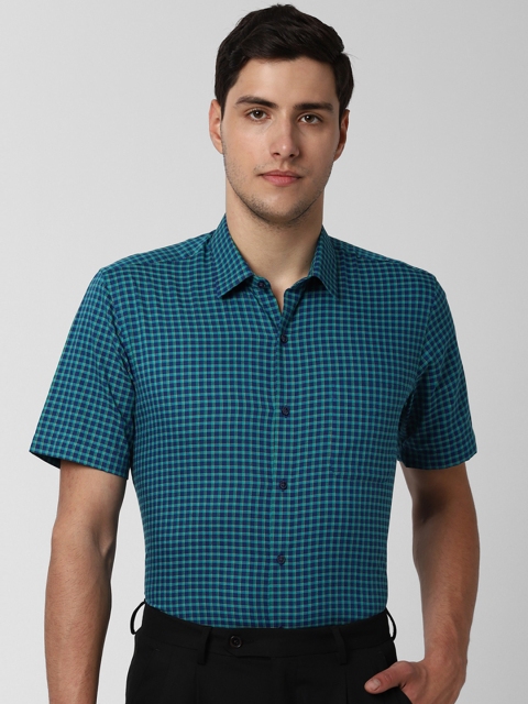 Peter England Men Navy Blue & Green Regular Fit Checked Formal Shirt