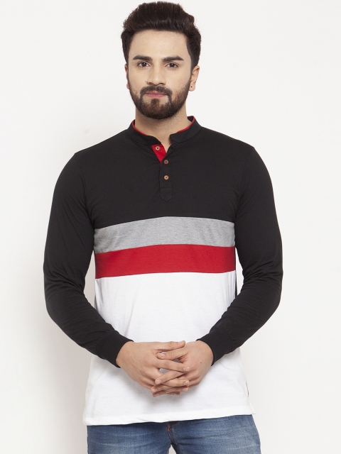 Kalt Men Black & White Colourblocked Mandarin Collar T-shirt