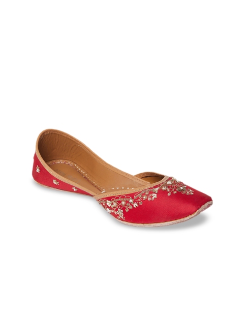 Coral Haze Women Red & Gold-Toned Embellished Canvas Mojaris