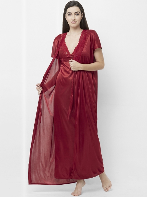 FashionRack Red Solid Nightdress With Robe F2525