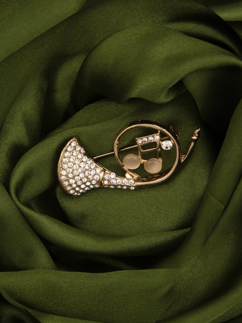 Mali Fionna Women Gold-Toned & White Stone-Studded Trumpet-Shaped Brooch