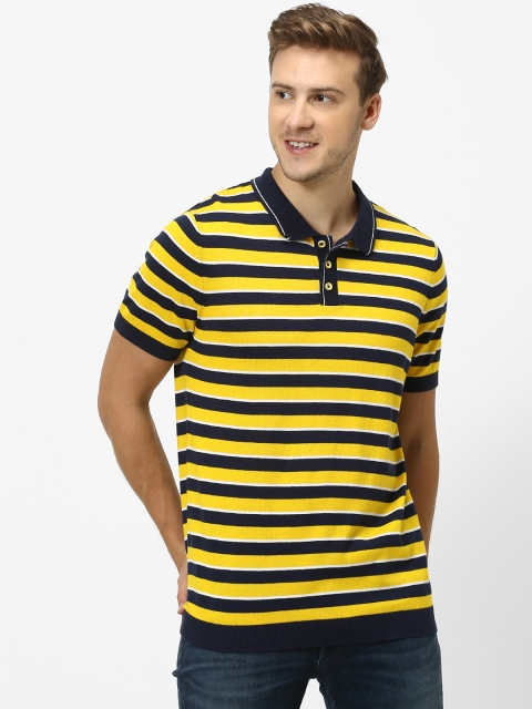 Celio Men Yellow Striped Polo Collar Pure Cotton T-shirt